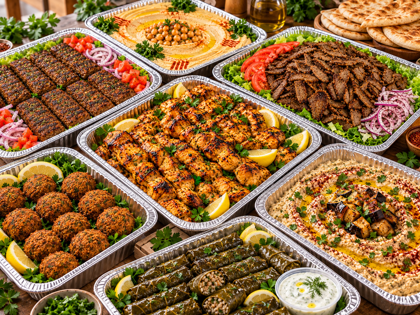 Mediterranean catering trays with grilled chicken, gyro, hummus, tabouli and appetizers at Avalon Pockets in Orlando