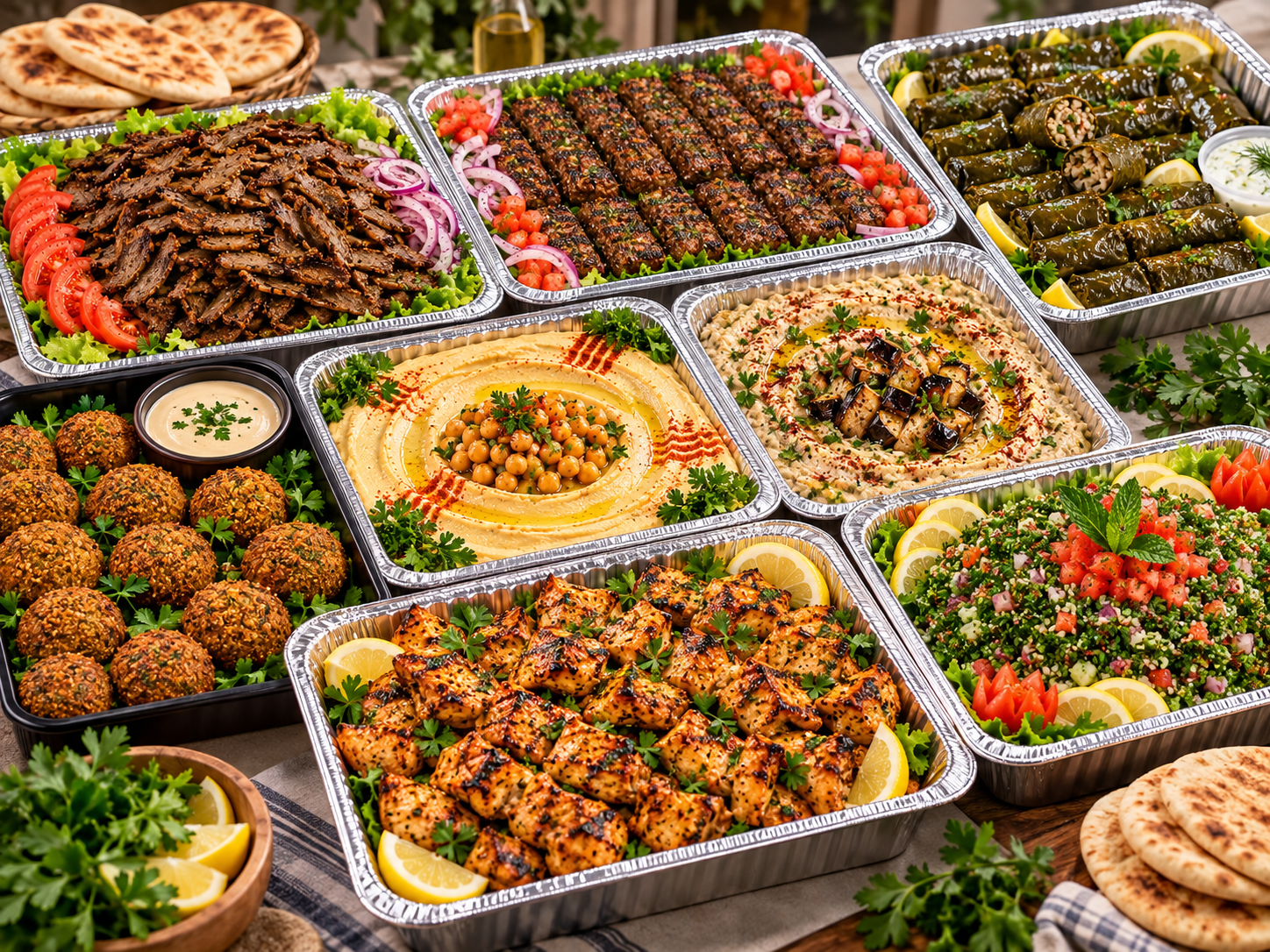 Mediterranean catering trays with grilled chicken, gyro, hummus, tabouli and appetizers at Avalon Pockets in Orlando