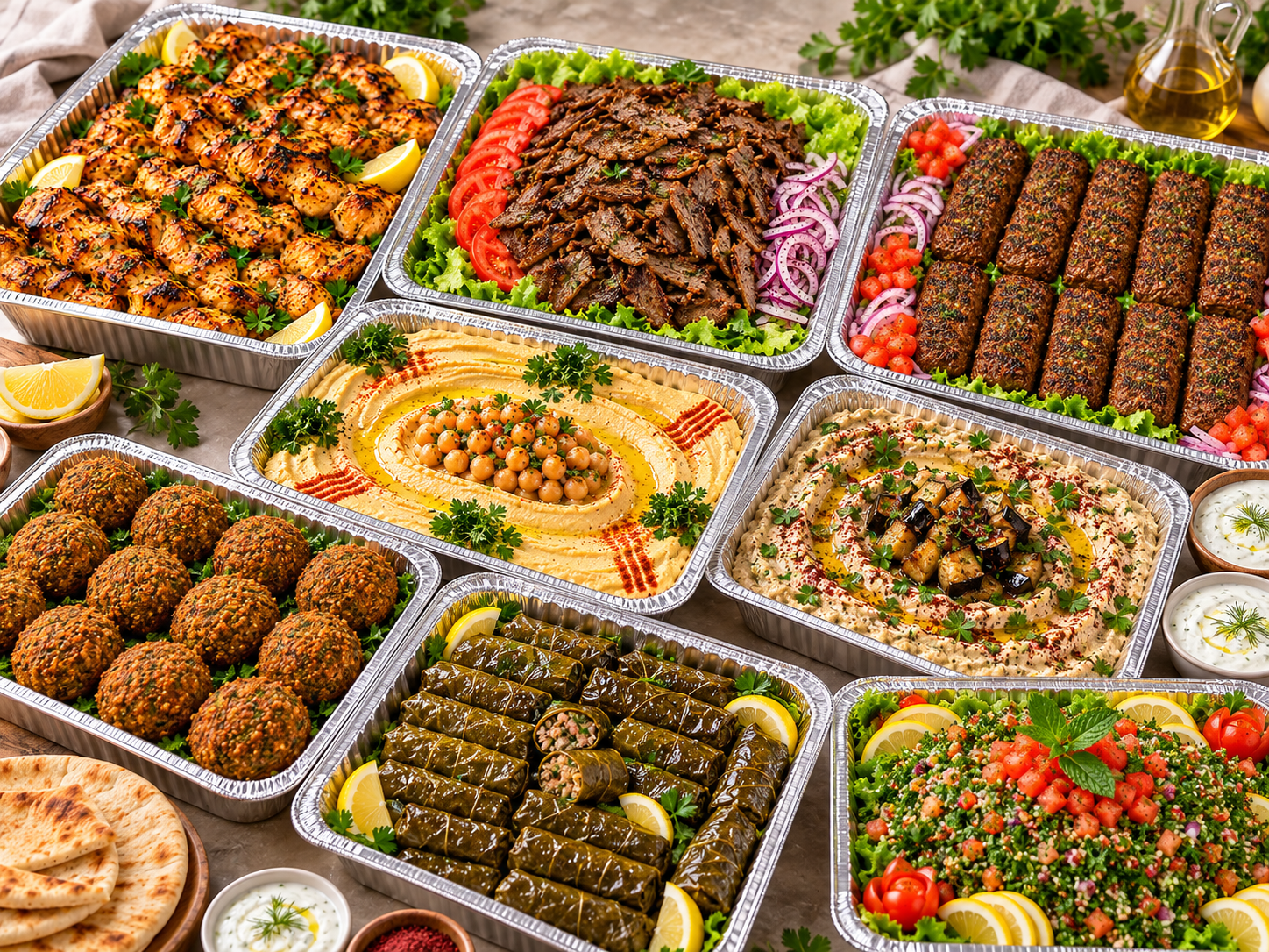 Mediterranean catering trays with grilled chicken, gyro, hummus, tabouli and appetizers at Avalon Pockets in Orlando
